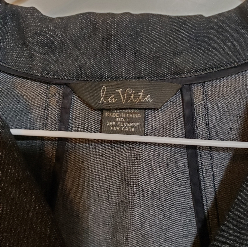 Blazer Cropped Jacket,dark Washed Denim Button Front Large,collar Peplum Office, - Picture 4 of 4